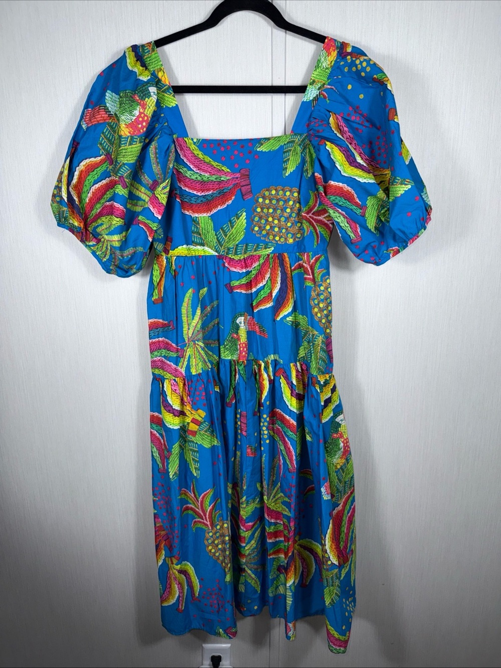 Farm Rio S Pineapple Dress Puff Sleeve Floral Tiered Midi Anthropologie Blue